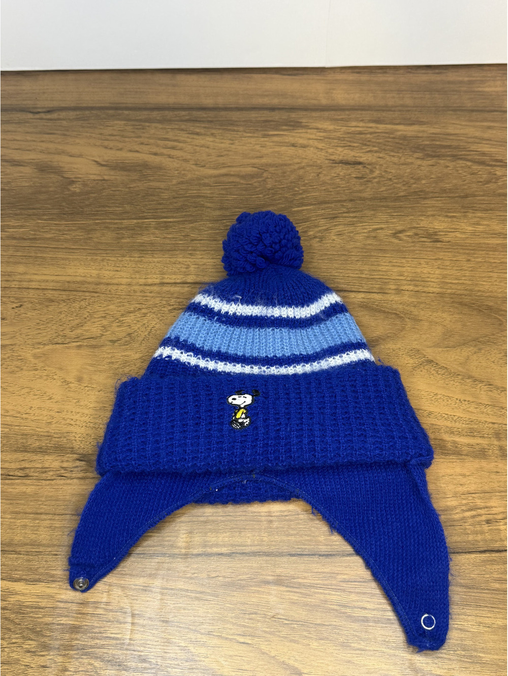 Vintage Peanuts Snoopy Blue Knit Winter Hat with Ear Flaps and Pom Pom